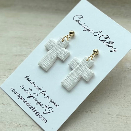 Chunky Cross Dangles in White Linen