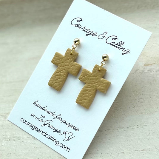 Chunky Cross Dangles in Leather Mustard