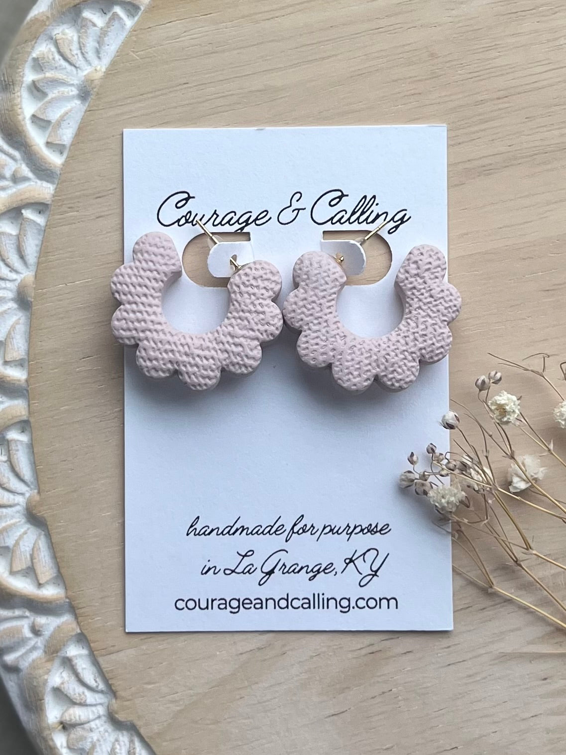 Woven Scallop Clay Hoops in Almond Rose