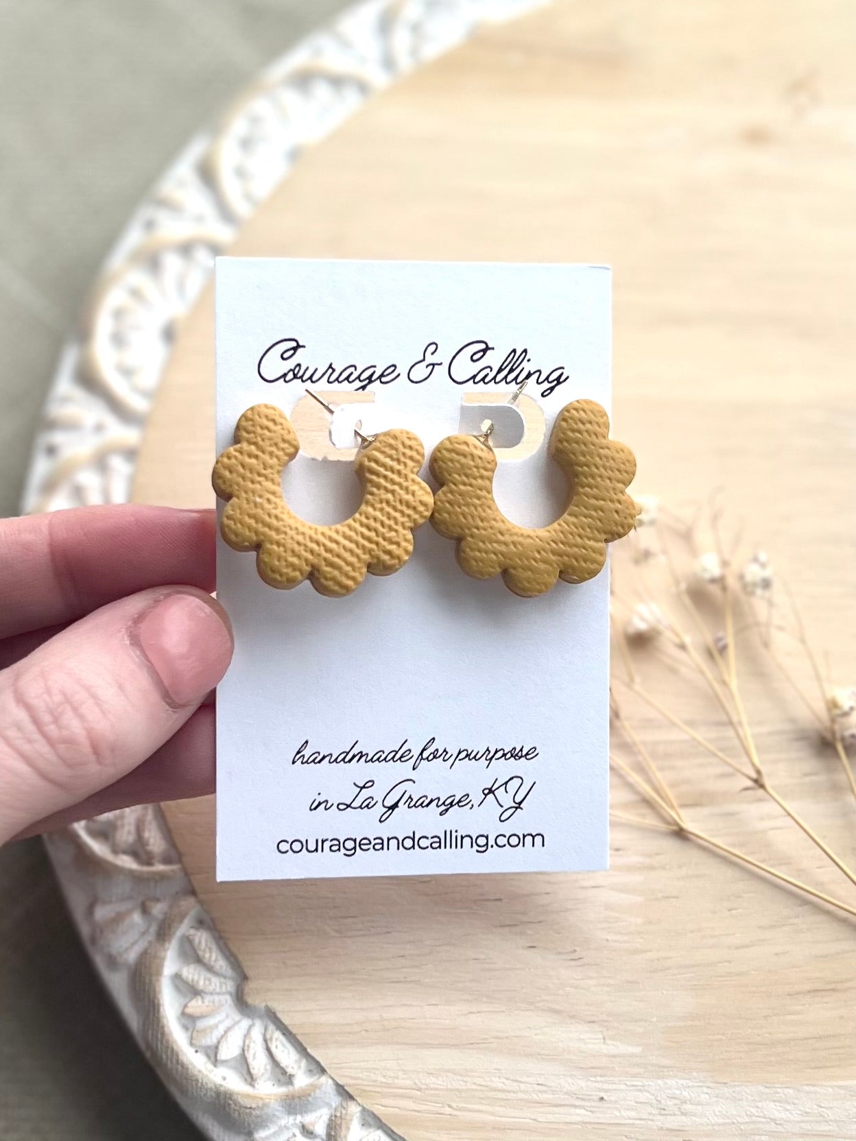 Woven Scallop Clay Hoops in Mustard