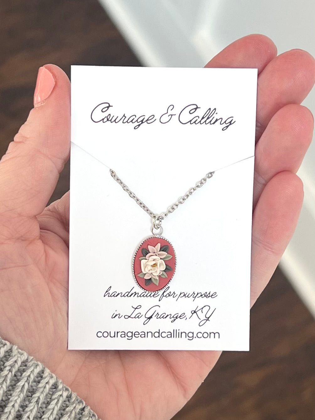 Silver Oval Botanical Frame Necklace in Dark Coral