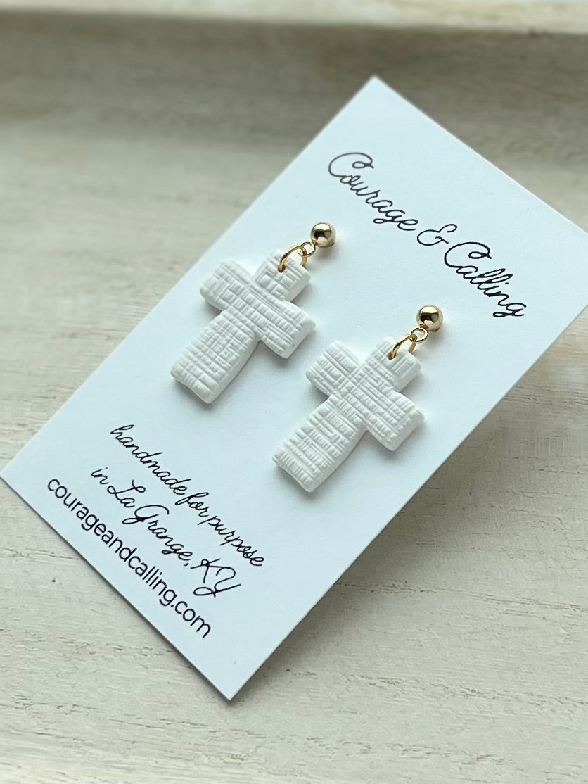 Chunky Cross Dangles in White Linen