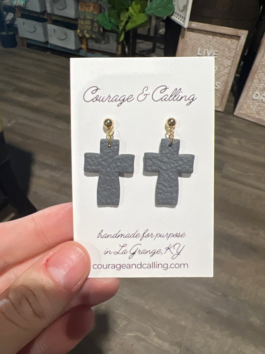 Chunky Cross Dangles in Leather Dark Grey