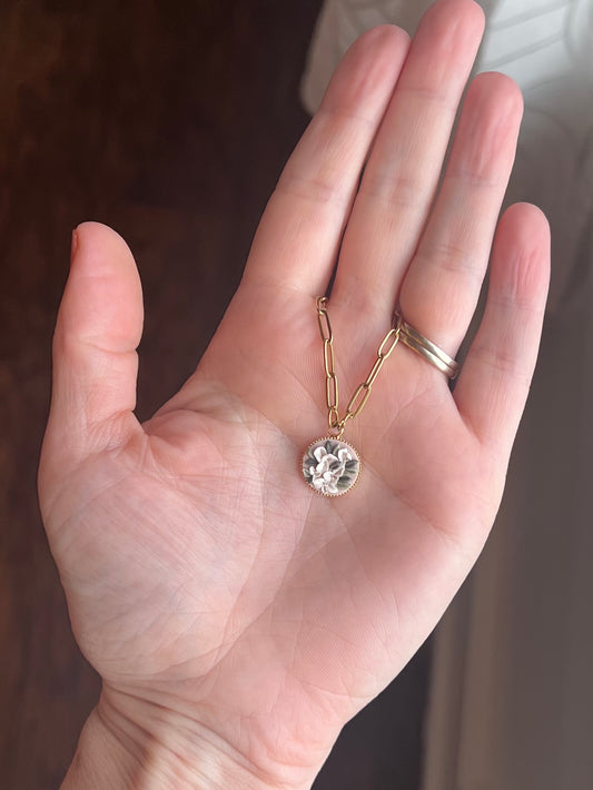 Gold Circle Botanical Frame Necklace in Forget-Me-Not