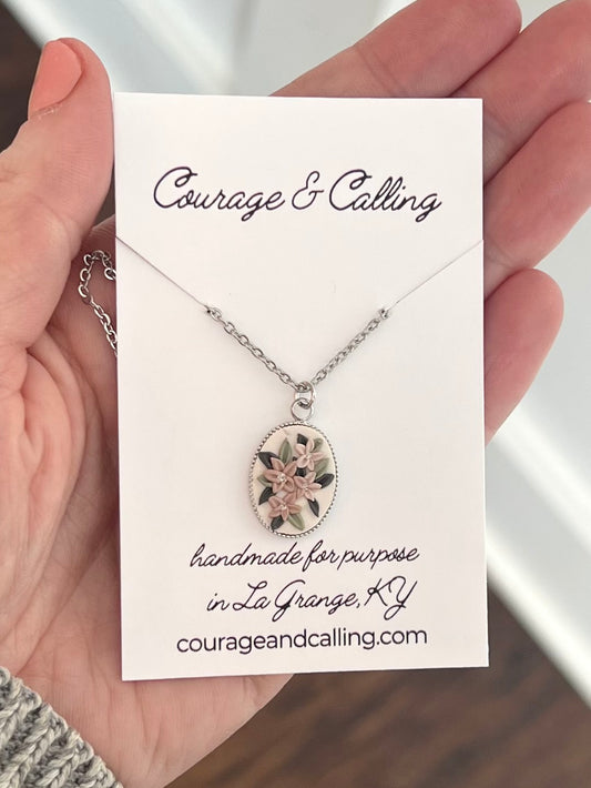 Silver Oval Botanical Frame Necklace in White