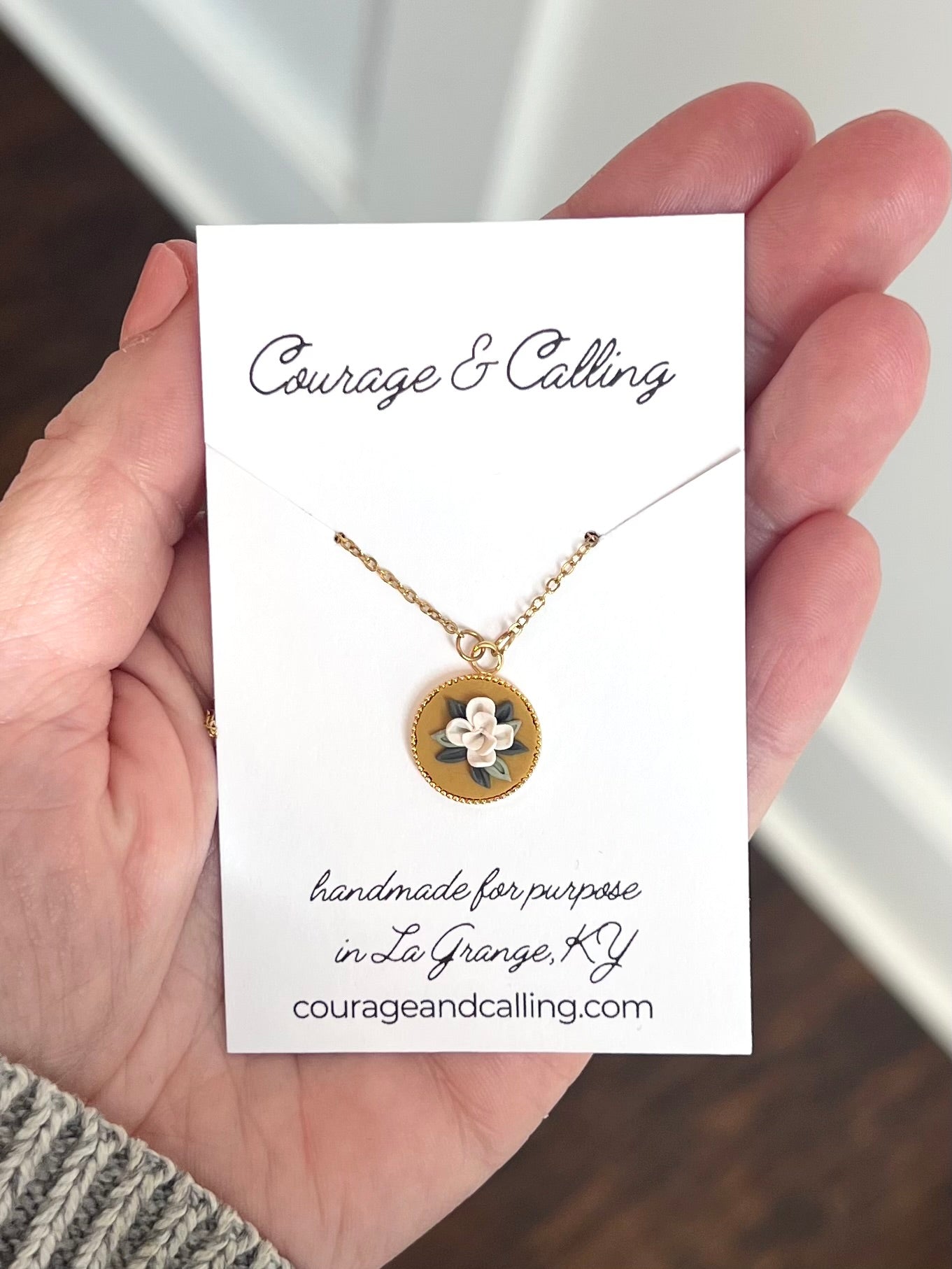 Gold Circle Botanical Frame Necklace in Mustard