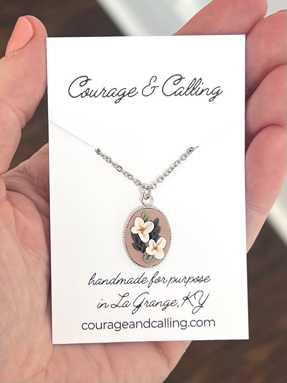 Silver Oval Botanical Frame Necklace in Almond Rose