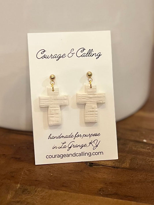 Chunky Cross Dangles in White Linen