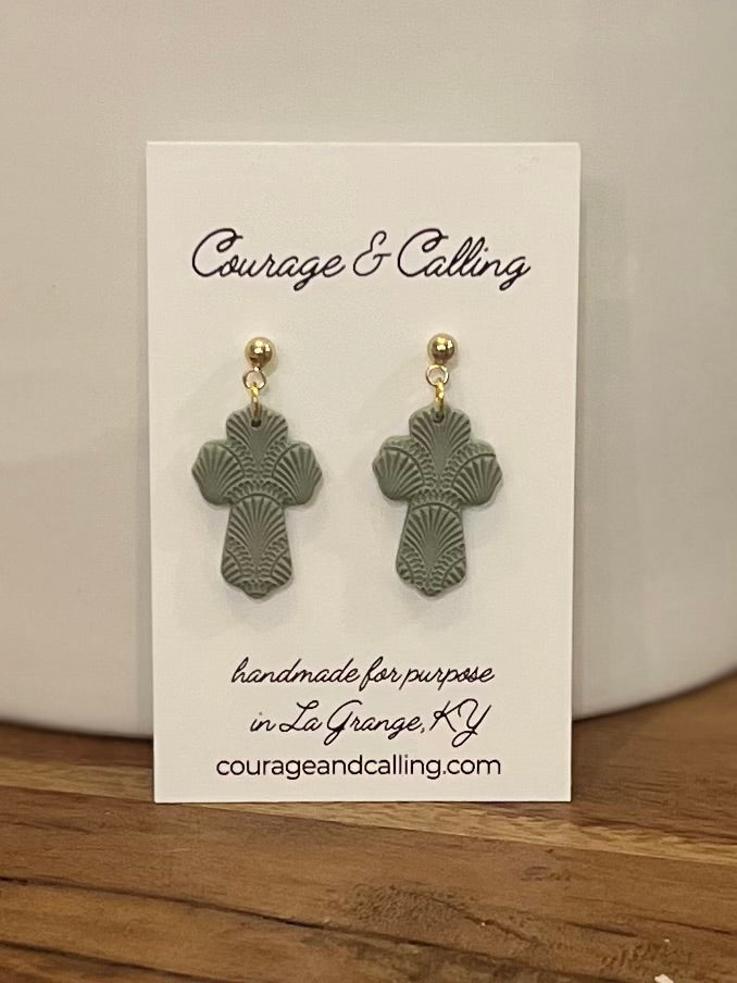 Scallop Cross Dangles in Eucalyptus