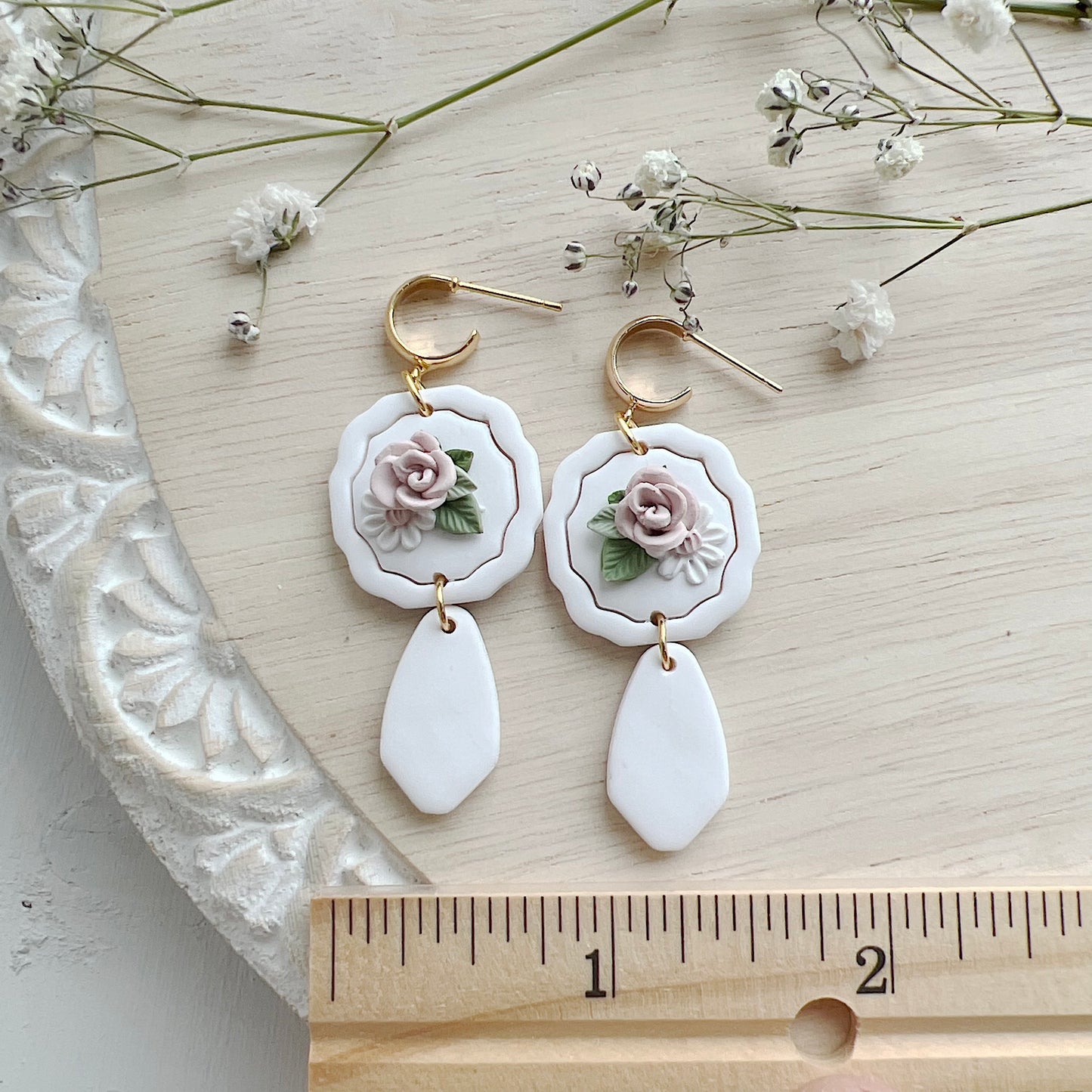 White Plaque Floral Dangles