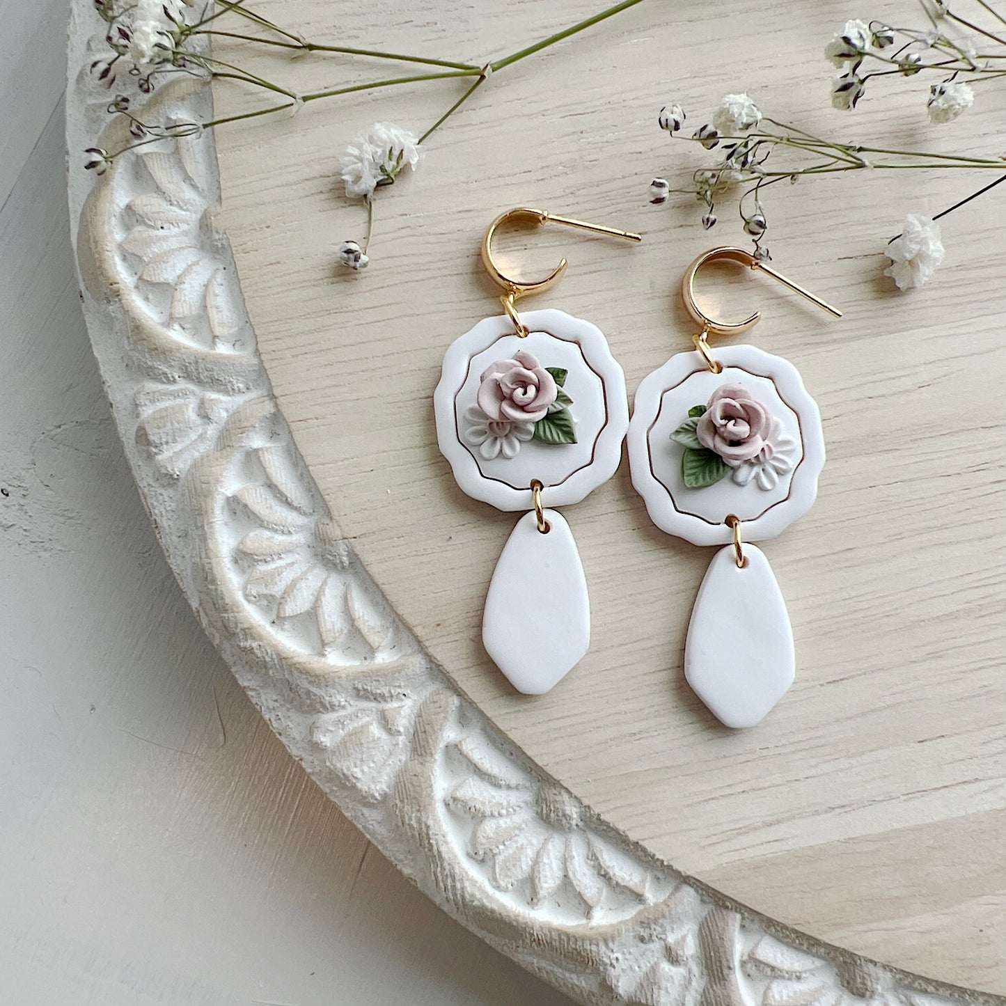 White Plaque Floral Dangles