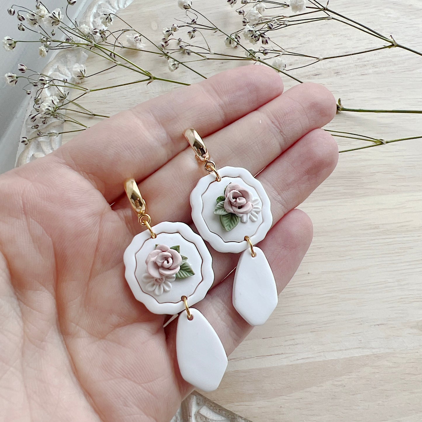 White Plaque Floral Dangles