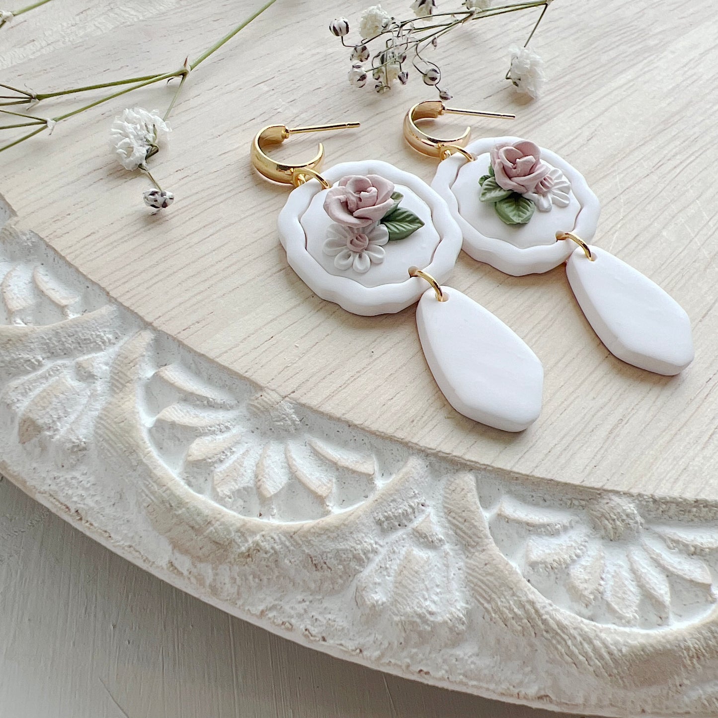 White Plaque Floral Dangles