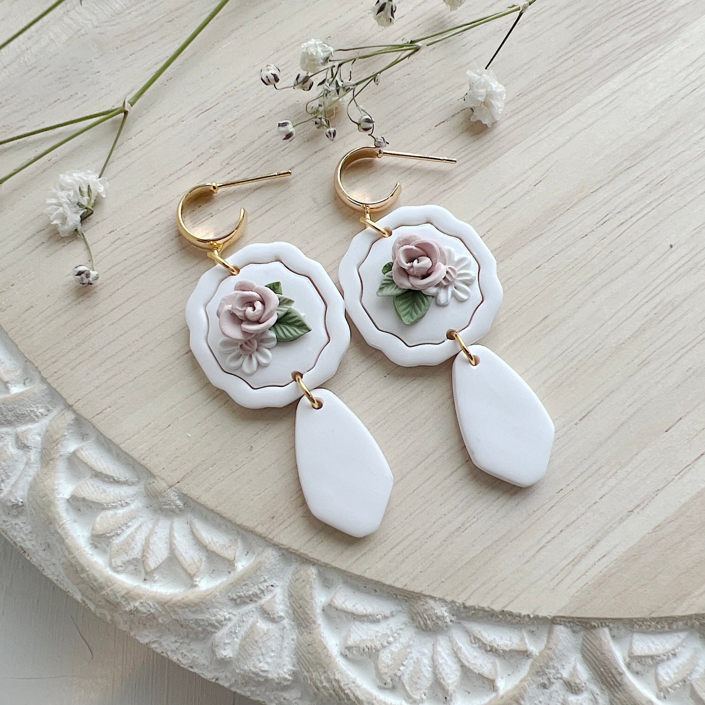 White Plaque Floral Dangles