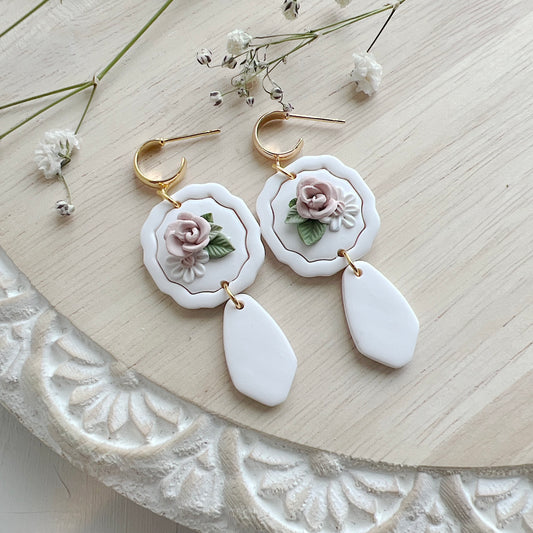 White Plaque Floral Dangles